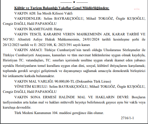  ''İSA MESİH KİLİSESİ VAKFI'' KURULDU