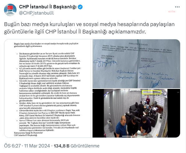 CHP İSTANBUL İL BAŞKANLIĞI'NDAN AÇIKLAMA: "SÖZ KONUSU GÖRÜNTÜLER CHP İSTANBUL İL BAŞKANLIĞI BİNASININ 2019 YILINDA SATIN ALINMASIYLA İLGİLİ"
