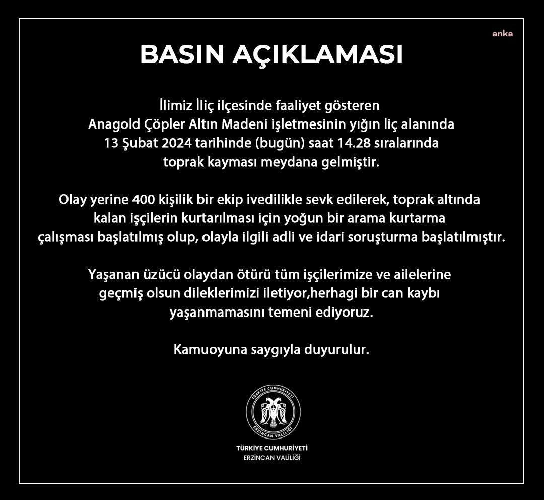 ERZİNCAN VALİLİĞİ: "400 KİŞİLİK BİR EKİP İVEDİLİKLE SEVK EDİLEREK, YOĞUN BİR ARAMA KURTARMA ÇALIŞMASI BAŞLATILMIŞ OLUP, ADLİ VE İDARİ SORUŞTURMA BAŞLATILMIŞTIR"