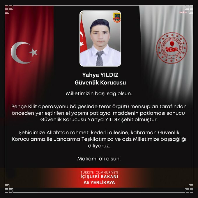 İçişleri Bakanlığı, Pençe Kilit operasyonunda şehit olan Yahya Yıldız'ın yakınlarına başsağlığı diledi
