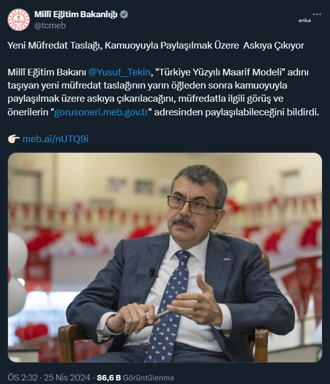 MİLLİ EĞİTİM BAKANI TEKİN: YENİ MÜFREDAT TASLAĞI YARIN AÇIKLANACAK