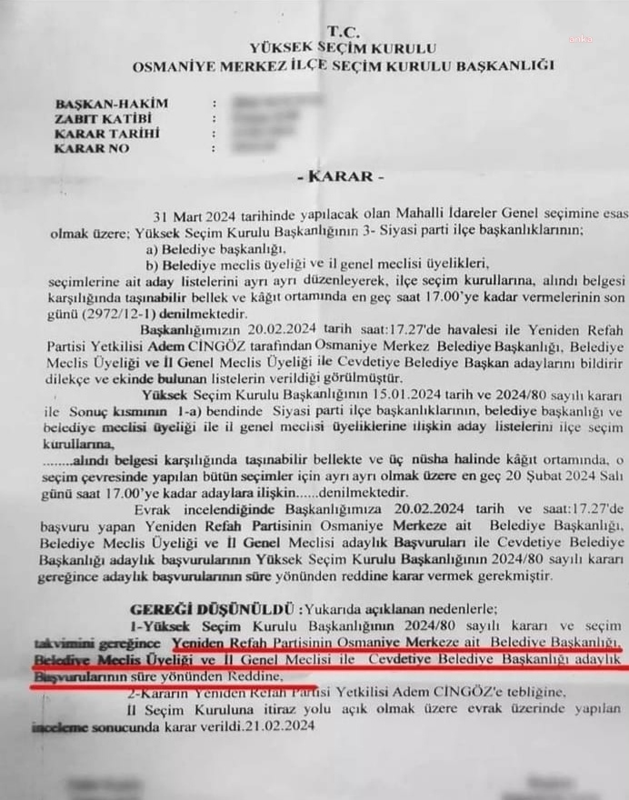 YENİDEN REFAH PARTİSİ OSMANİYE'DE SEÇİMLERE GİREMİYOR