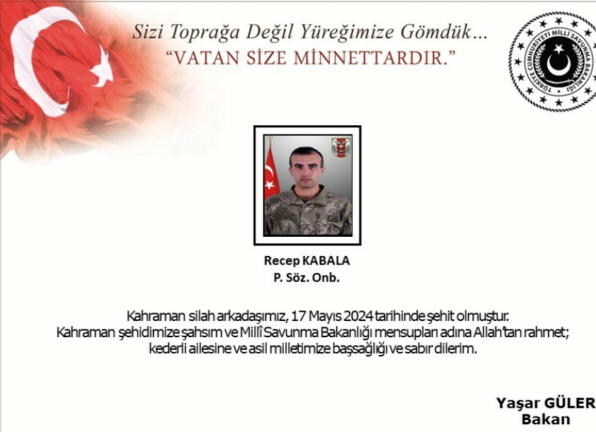 Piyade Onbaşı Recep Kabalan, Pençe-Kaplan Harekat Bölgesinde Şehit Oldu