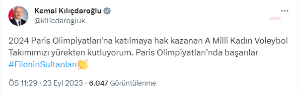 KEMAL KILIÇDAROĞLU, PARİS OLİMPİYATLARI'NA KATILMAYA HAK KAZANAN A MİLLİ KADIN VOLEYBOL TAKIMI'NI TEBRİK ETTİ